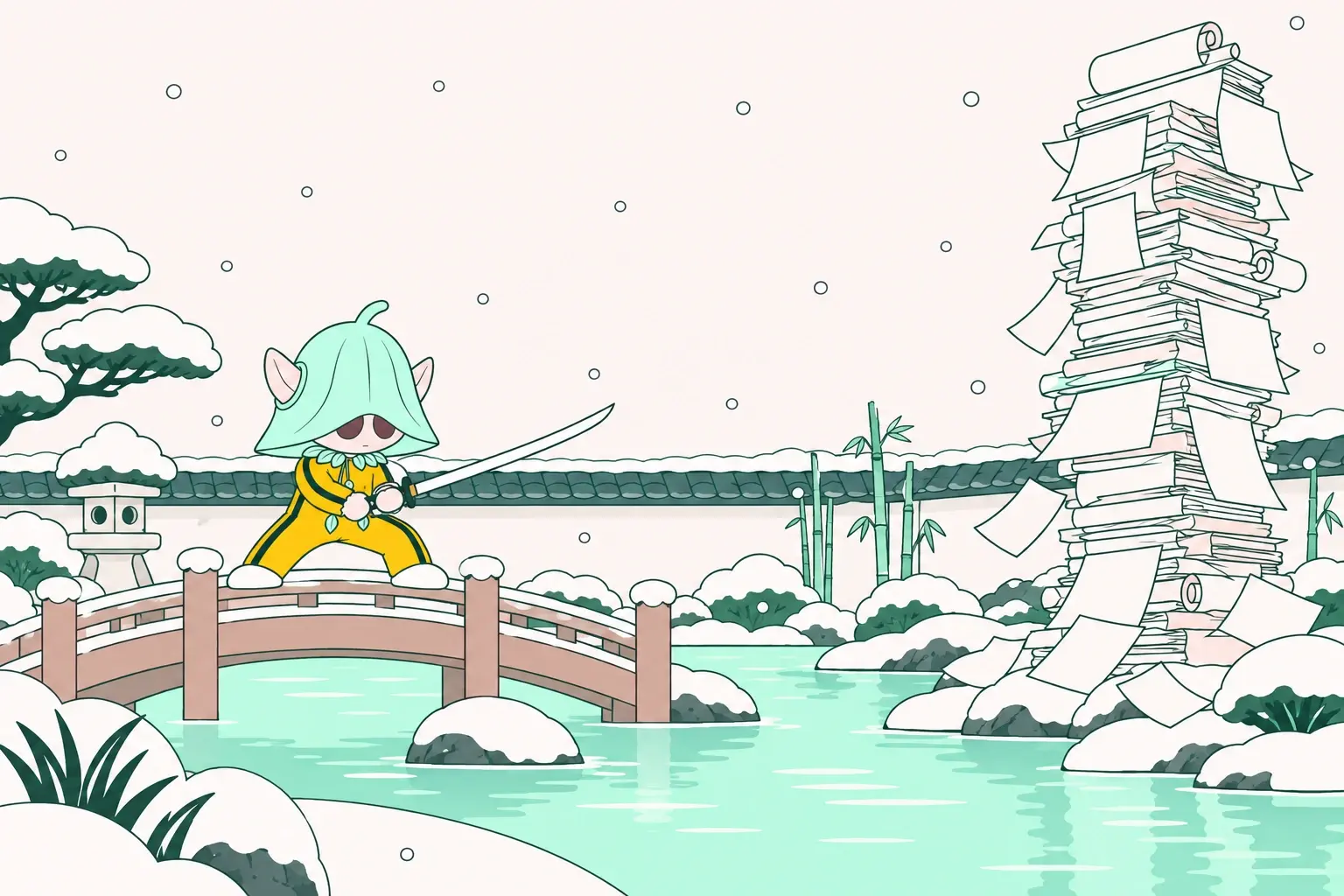 A snowy Japanese garden: the Shedon in a yellow tracksuit stands on an arched bridge with its katana drawn, facing a tower of paper scrolls across the pond.