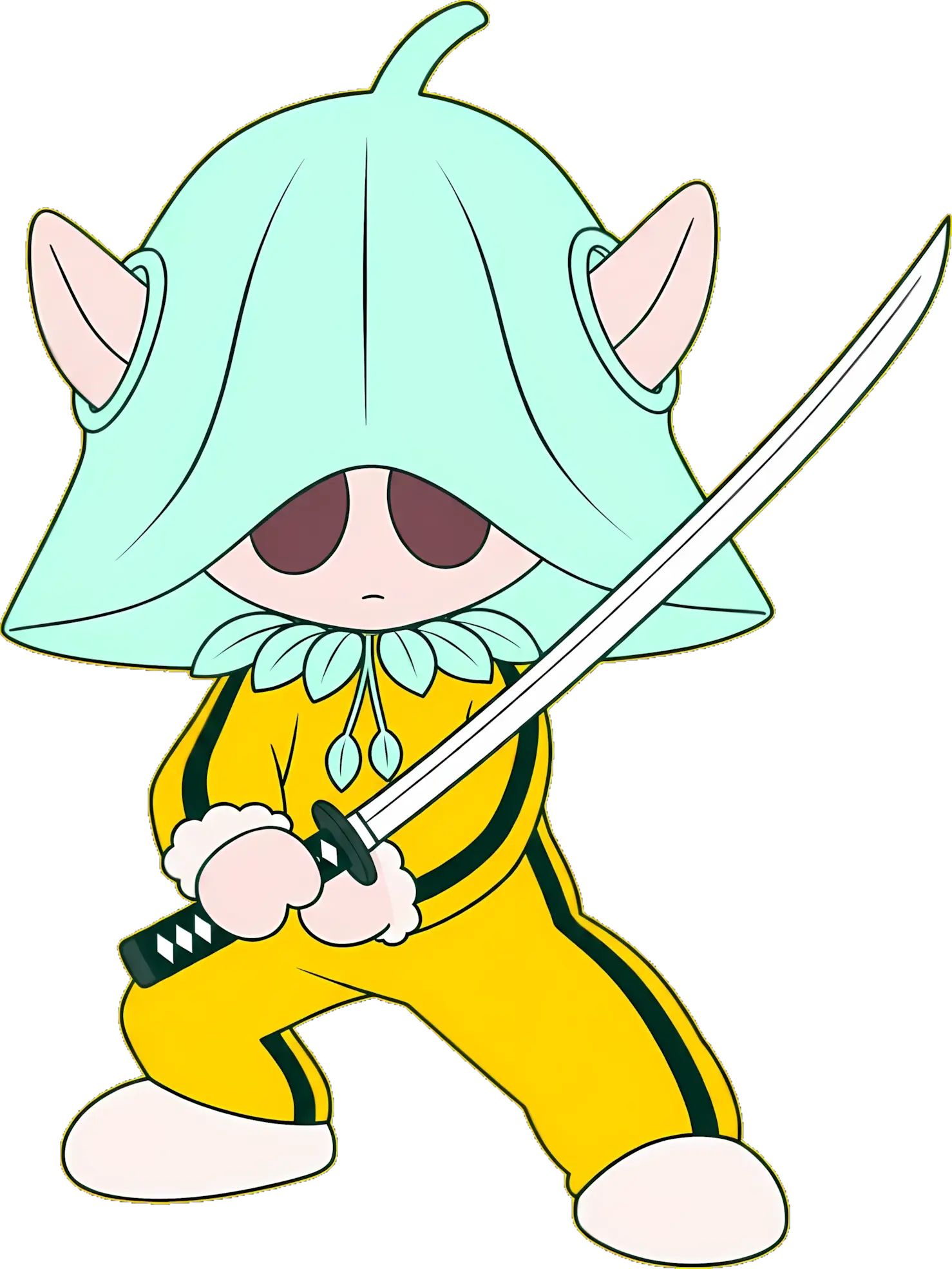 The Shedon in a yellow tracksuit, katana drawn, standing on the ticker.